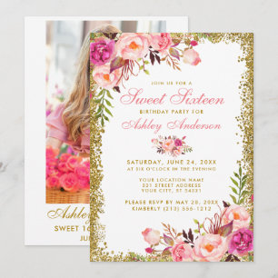 Pink Gold Sweet 16 Birthday Invite -  Photo Back