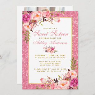 Pink Gold Sweet 16 Birthday Invite Photo Back