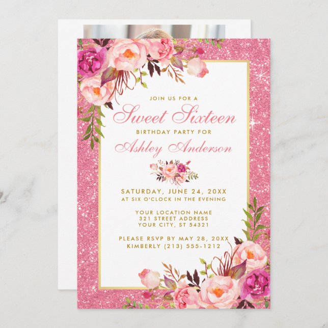 Pink Gold Sweet 16 Invitation d'anniversaire | Ret (Devant / Derrière)
