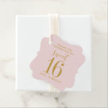Pink Gold Sweet 16 Photo Name Thank You Birthday Favour Tags<br><div class="desc">Rose gold blush pink Sweet 16 birthday party favour tags, personalized with the party girl's custom "thank you for celebrating my sweet 16" message and name, plus her photo on the back of the elegant fancy bracket shape card. Colours are editable using the design editor, click 'customize further' to match...</div>