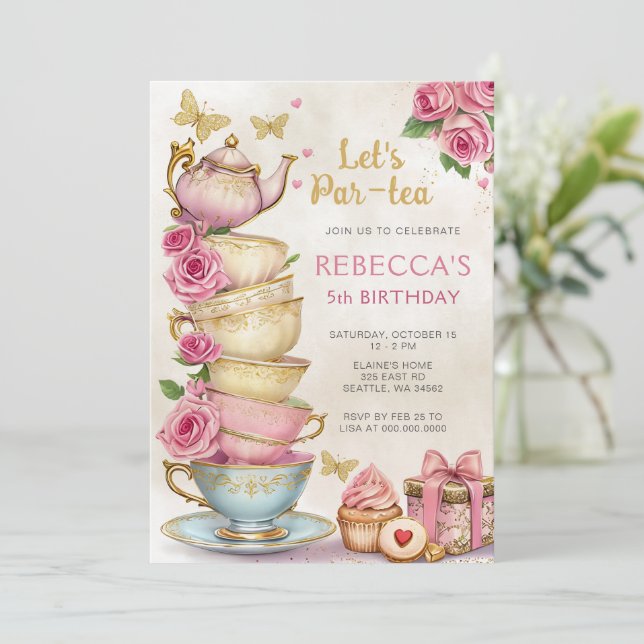 Pink Gold Tea Party Girl Birthday Invitation (Standing Front)