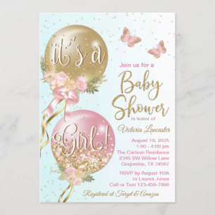 Pink Gold Teal Balloons Butterflies Baby Shower Invitation