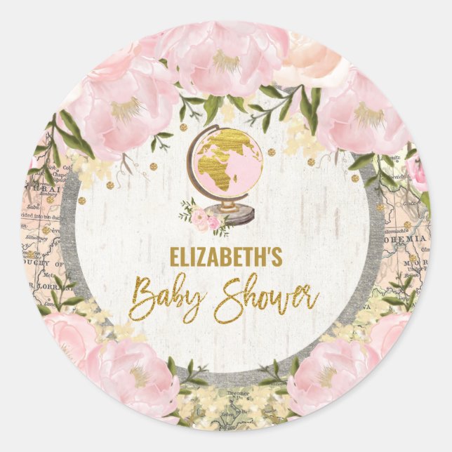 Pink Gold Travel Map Baby Shower Favours Classic Round Sticker (Front)