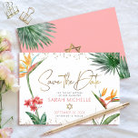 Pink Gold Tropical Bat Mitzvah Floral Palm Modern Save The Date<br><div class="desc">Make sure all your friends and relatives will be able to celebrate your daughter’s milestone Bat Mitzvah! Send out this chic, personalized “Save the Date” announcement card. Stunning, colourful, tropical watercolor birds of paradise flowers, faux gold handwritten script, Star of David and glitter dots, along with rose pink and grey...</div>