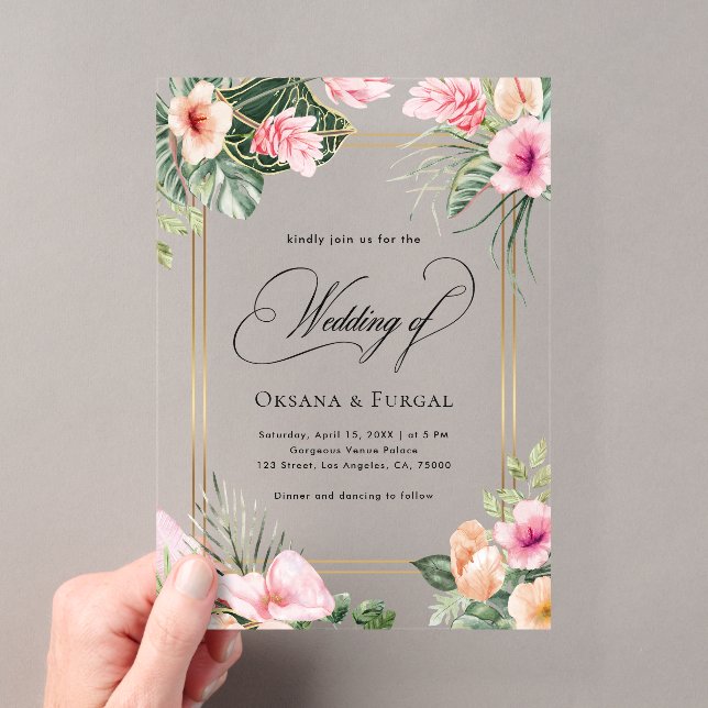 Pink Gold Tropical Beach Destination Wedding Acrylic Invitations (Insitu (Handheld))