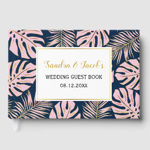 Pink, gold Tropical leaves navy blue wedding Guest Book