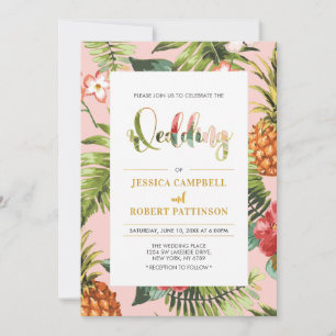 Pink & Gold   Tropical Summer Wedding Invitation
