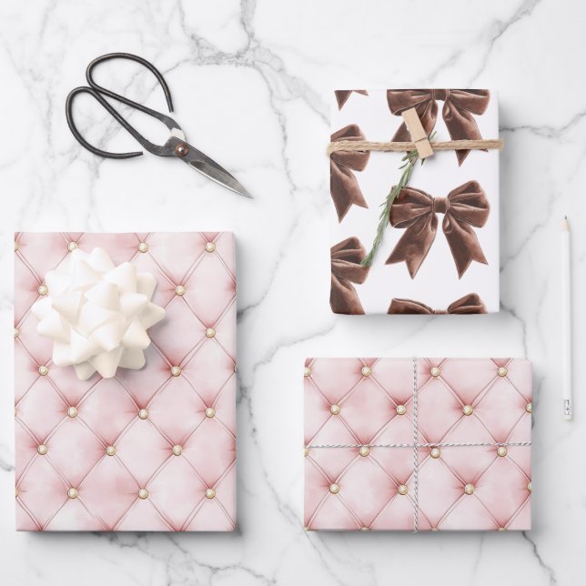 Pink Gold Tufts Brown Bow Bridal Shower Wrapping Paper Sheet (Front)