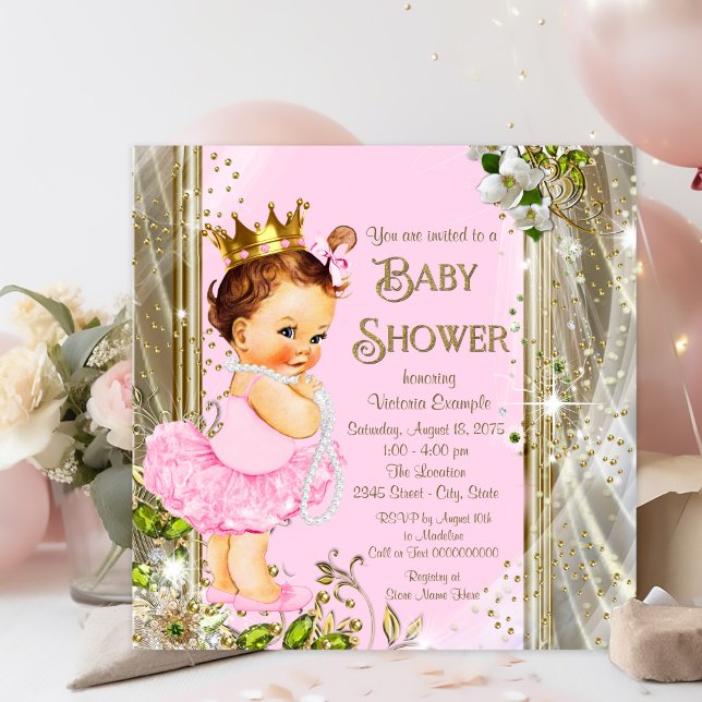 Pink Gold Tutu Princess Baby Shower Invitation (Pretty pink and gold princess baby shower invitation.)