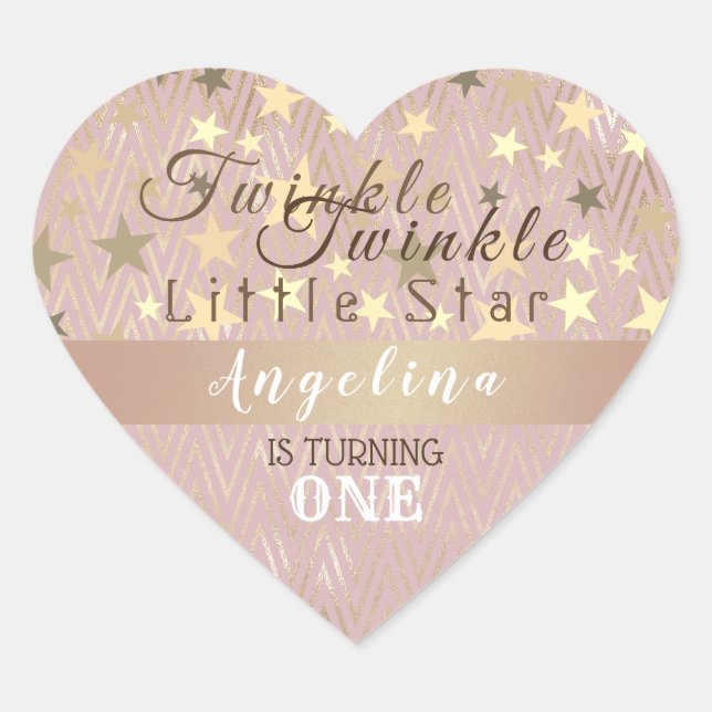 Pink Gold Twinkle Star 1st Birthday  Heart Sticker (Front)