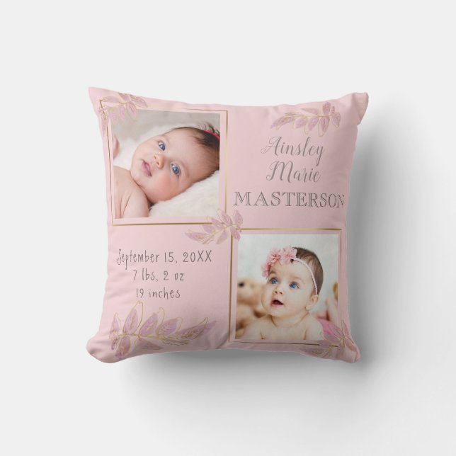 Pink Gold Two Photo Baby Girl Birth Stats Throw Pillow (Front)