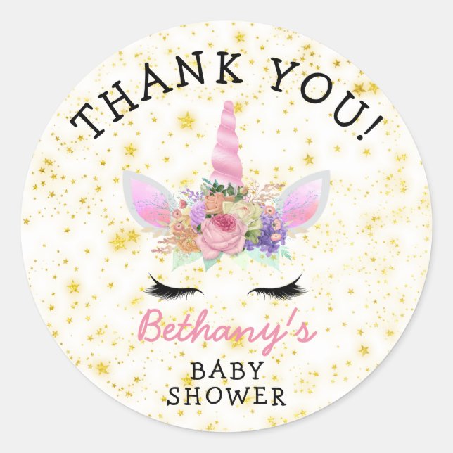 Pink Gold Unicorn Baby Shower favour Classic Round Sticker (Front)