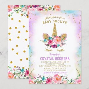 Pink & Gold Unicorn Beautiful Floral Baby Shower Invitation