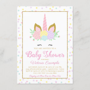 Pink Gold Unicorn Face Girl Baby Shower Invitation
