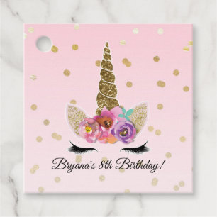 Pink & Gold Unicorn Floral Horn Birthday Party Favour Tags