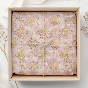 Pink Gold Vintage Damask Handwriting Decoupage Tissue Paper