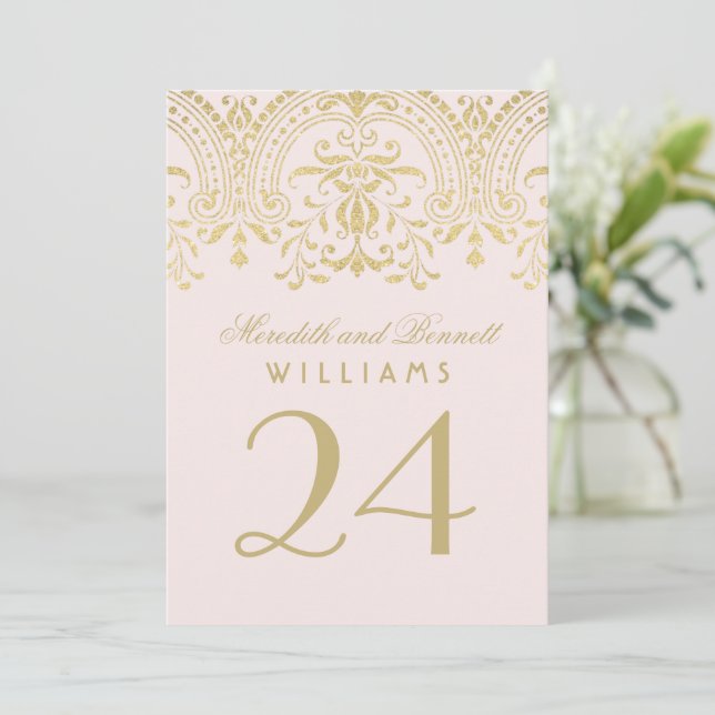 Pink Gold Vintage Glamour Wedding Table Number (Standing Front)