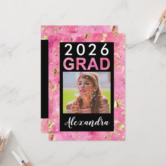Pink Gold Watercolor Art 20254 Photo Graduation Invitation (Front/Back In Situ)