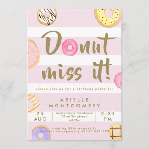 Pink & Gold Watercolor Doughnuts Birthday Party Invitation