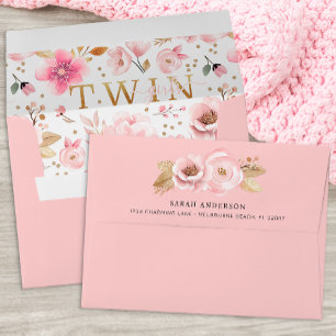 Pink Gold Watercolor Floral Twin Girls Baby Shower Envelope