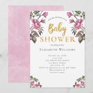 Pink Gold Watercolor Flowers Girl Baby Shower Invitation