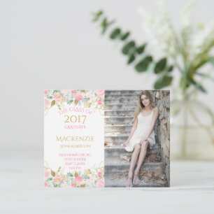 Pink Gold Watercolor Flowers Photo Graduation Announcement