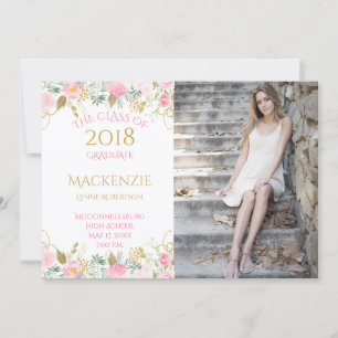 Pink Gold Watercolor Flowers Photo Graduation Announcement