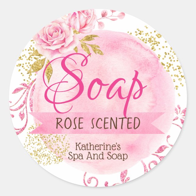 Pink Gold Watercolor Flowers Rose Soap Labels (Front)