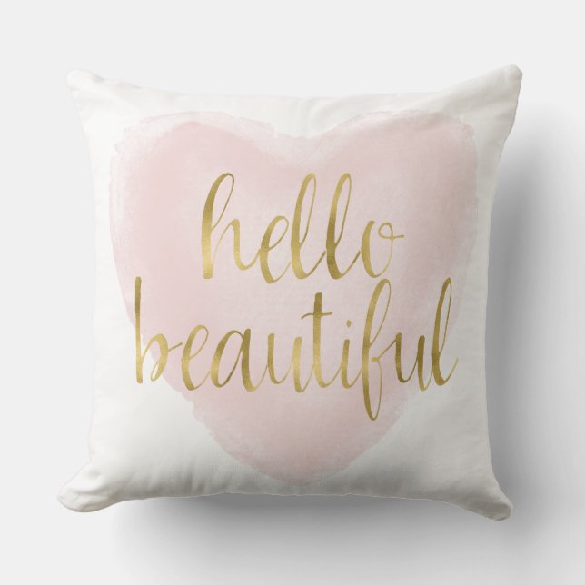 Pink Gold Watercolor Heart Hello Beautiful Throw Pillow (Front)