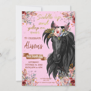 Pink Gold Watercolor horse birthday cowgirl Invitation