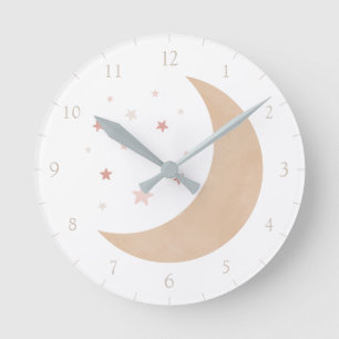 Pink Gold Watercolor Moon and Stars Round Clock