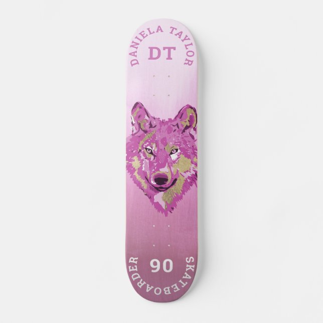 Pink Gold Watercolor Paint Gradient Monogram Wolf Skateboard (Front)