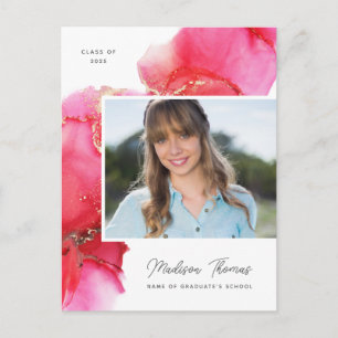 Pink Gold Watercolor Photo Graduation Postcard