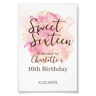 Pink Gold Watercolor Sweet 16 Party Welcome Sign