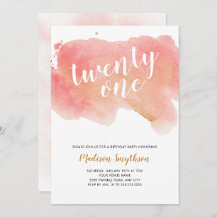 Pink Gold Watercolor twenty one Invitation