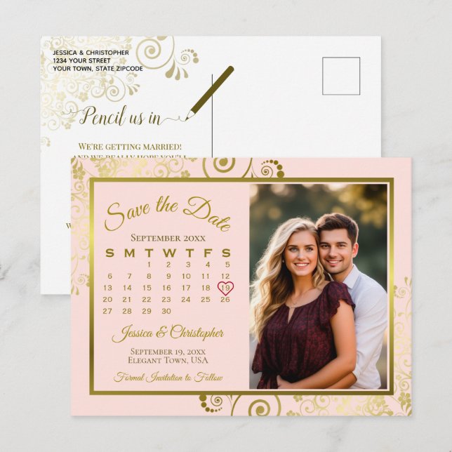 Pink & Gold Wedding Save the Date Calendar Photo Announcement Postcard (Front/Back)