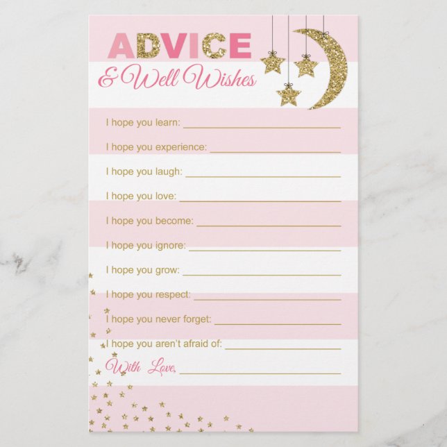Pink gold well wishes for baby card shower game (Front)
