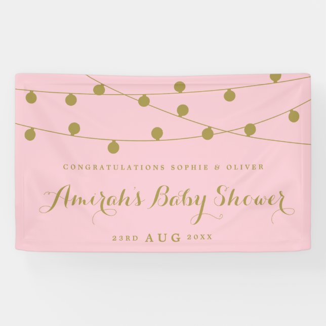 Pink & Gold Whimsical Fairy Lights Baby Shower Banner (Horizontal)