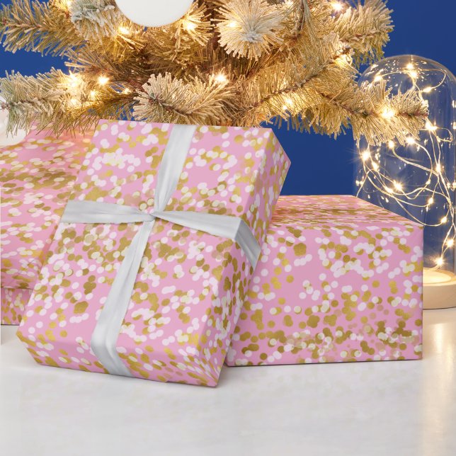 Pink Gold White Confetti Christmas Wrapping Paper (Holidays)