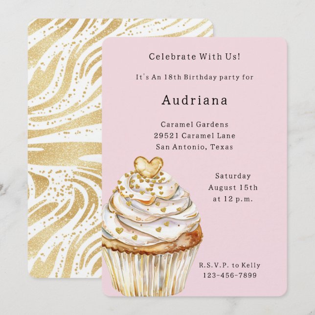 Pink Gold White Cream Heart Cupcake Birthday Invitation (Front/Back)