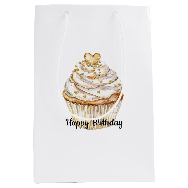 Pink Gold White Cream Heart Cupcake Birthday Medium Gift Bag (Front)