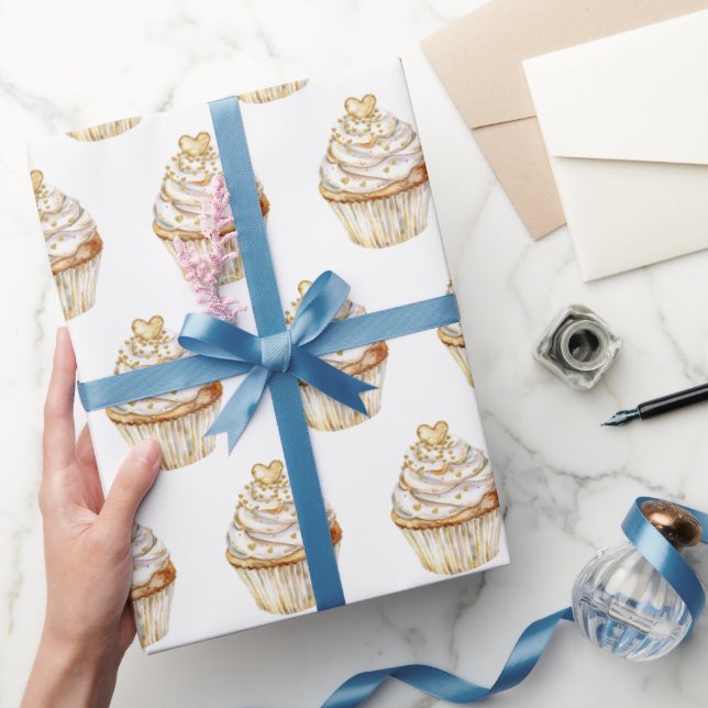 Pink Gold White Cream Heart Cupcake Birthday Wrapping Paper (Gifting)