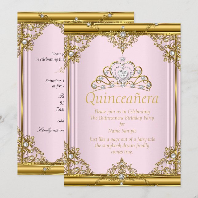 Pink Gold White Pearl Princess Quinceanera Blush Invitation (Front/Back)