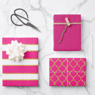 PINK GOLD WHITE STRIPES & DIAMOND PATTERN WRAPPING PAPER SHEET