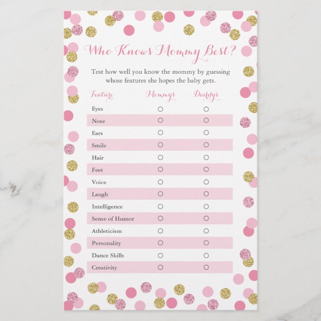 Pink Gold Who Knows Mommy Best Baby Shower Game (Front)