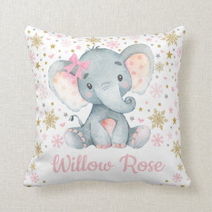 Pink Gold Winter Elephant Snowflake Monogram Throw Pillow