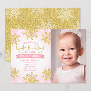 Pink Gold Winter ONEderland 1st Birthday Photo Invitation