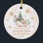 Pink Gold Winter Sleigh Baby Girl 1st Christmas Ceramic Ornament<br><div class="desc">This dreamy design features illustration of a magical pink sleigh filled with an elegant sage green Christmas tree and whimsical presents,  representing the heart and soul of winter festivities. Adding to the enchantment,  glittery snowflakes cascade gracefully,  each one shimmering with a unique brilliance.</div>