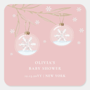 Pink Gold Winter Snowflake Baby Shower Square Sticker
