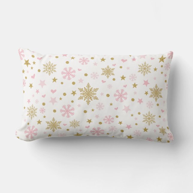 Pink Gold Winter Snowflakes Baby Girl Nursery Gift Lumbar Pillow (Front)